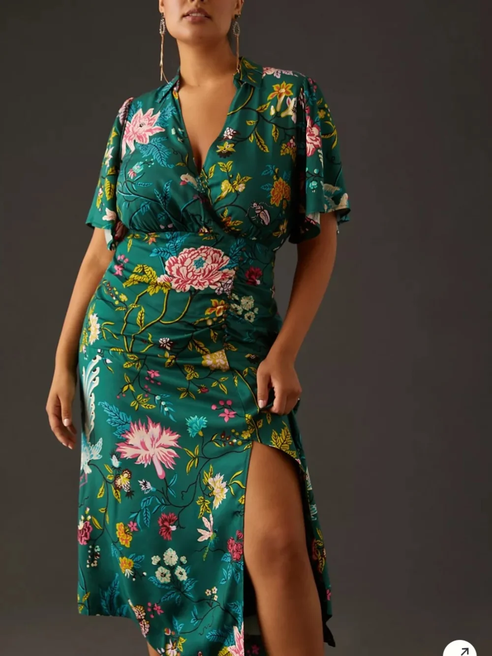 Maeve Anthropologie Button Front Shirt Dress 14 Green Floral Bird V-neck Slit - Picture 8 of 15
